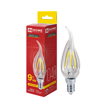 Лампа светодиодная LED-СВЕЧА НА ВЕТРУ-deco 9Вт 230В Е14 3000К 1040Лм прозрачная IN HOME во Владивостоке