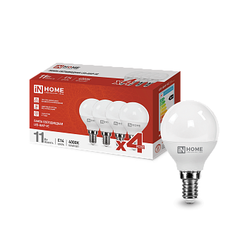 Лампа светодиодная LED-ШАР-VC 4PACK 11Вт 230В Е14 4000К 1050Лм (4шт./упак) IN HOME  – купить лампы всех видов оптом и в розницу  Лампа светодиодная LED-ШАР-VC 4PACK 11Вт 230В Е14 4000К 1050Лм (4шт./упак) IN HOME во Владивостоке