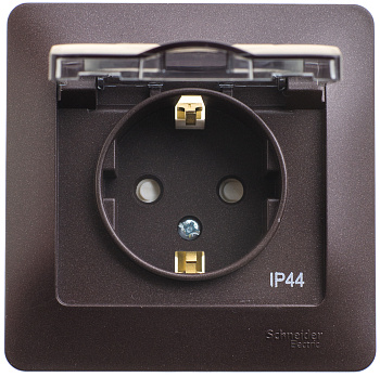 Розетка одинарная Glossa SE IP44 с заземлением со шторками с крышкой шоколад в сборе во Владивостоке