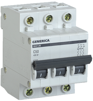 Автоматический выключатель ВА47-29 3P 50А 4,5кА характеристика С GENERICA  – купить силовое и модульное оптом и в розницу  Автоматический выключатель ВА47-29 3P 50А 4,5кА характеристика С GENERICA во Владивостоке