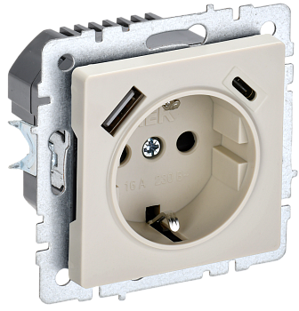 Розетка одинарная с з/к со шторками 16А с USB A+C 18Вт BRITE IEK бежевая  – купить розетки, рамки, выключатели оптом и в розницу  Розетка одинарная с з/к со шторками 16А с USB A+C 18Вт BRITE IEK бежевая во Владивостоке