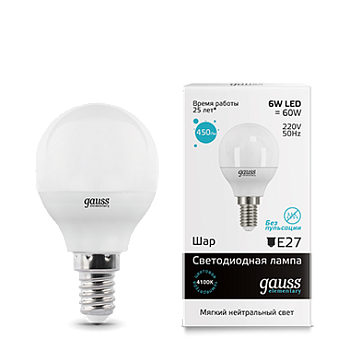 Лампа светодиодная LED-ШАР 6Вт E14 4100K 450Лм Elementary GAUSS  – купить лампы всех видов оптом и в розницу  Лампа светодиодная LED-ШАР 6Вт E14 4100K 450Лм Elementary GAUSS во Владивостоке