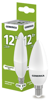 Лампа LED C35 свеча 12Вт 230В 4000К E14 GENERICA  – купить лампы всех видов оптом и в розницу  Лампа LED C35 свеча 12Вт 230В 4000К E14 GENERICA во Владивостоке