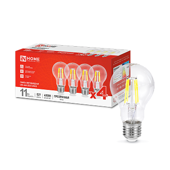 Лампа светодиодная LED-A60-deco 4PACK 11Вт 230В Е27 4000К 1160Лм (4шт./упак) прозрачная IN HOME во Владивостоке