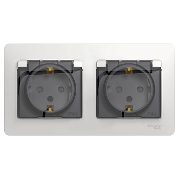 Розетка двойная Glossa SE IP44 с заземлением со шторками белая в сборе во Владивостоке