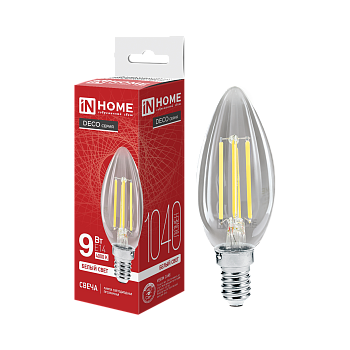 Лампа светодиодная LED-СВЕЧА-deco 9Вт 230В Е14 4000К 1040Лм прозрачная IN HOME  – купить лампы всех видов оптом и в розницу  Лампа светодиодная LED-СВЕЧА-deco 9Вт 230В Е14 4000К 1040Лм прозрачная IN HOME в Владивостоке