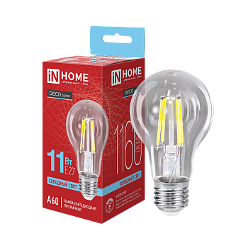 Лампа светодиодная LED-A60-deco 11Вт 230В Е27 6500К 1160Лм прозрачная IN HOME  – купить лампы всех видов оптом и в розницу  Лампа светодиодная LED-A60-deco 11Вт 230В Е27 6500К 1160Лм прозрачная IN HOME во Владивостоке