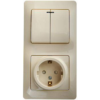 Выключатель двухклавишный с розеткой Glossa SE с заземлением со шторками с подсветкой бежевый во Владивостоке