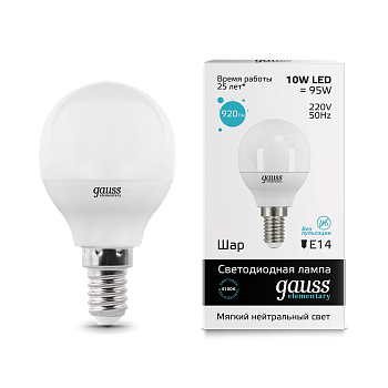 Лампа светодиодная LED-ШАР 10Вт E14 4100K 920Лм Elementary GAUSS  – купить лампы всех видов оптом и в розницу  Лампа светодиодная LED-ШАР 10Вт E14 4100K 920Лм Elementary GAUSS во Владивостоке