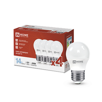 Лампа светодиодная LED-ШАР-VC 4PACK 14Вт 230В Е27 6500К 1330Лм (4шт./упак) IN HOME  – купить лампы всех видов оптом и в розницу  Лампа светодиодная LED-ШАР-VC 4PACK 14Вт 230В Е27 6500К 1330Лм (4шт./упак) IN HOME во Владивостоке