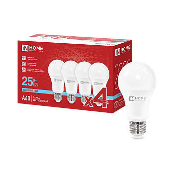 Лампа светодиодная LED-A60-VC 4PACK 25Вт 230В Е27 6500К 2380Лм (4шт./упак) IN HOME во Владивостоке
