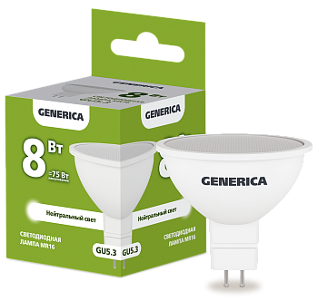 Лампа LED MR16 софит 8Вт 230В 4000К GU5.3 GENERICA  – купить лампы всех видов оптом и в розницу  Лампа LED MR16 софит 8Вт 230В 4000К GU5.3 GENERICA во Владивостоке