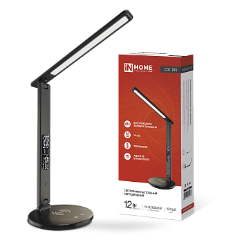 Светильник настольный светодиодный PLUS ССО-18Ч 12Вт 3000-6500К 600Лм сенсор, с беспроводной зарядкой, часы, температура, с адаптером ЧЕРНЫЙ IN HOME во Владивостоке