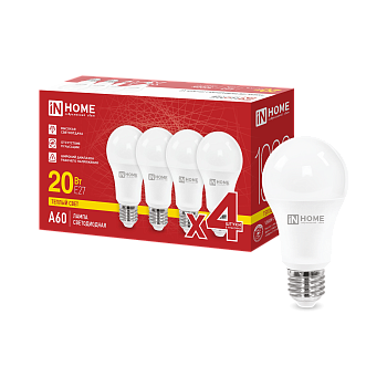 Лампа светодиодная LED-A60-VC 4PACK 20Вт 230В Е27 3000К 1900Лм (4шт./упак) IN HOME во Владивостоке