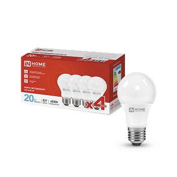 Лампа светодиодная LED-A60-VC 4PACK 20Вт 230В Е27 6500К 1900Лм (4шт./упак) IN HOME  – купить лампы всех видов оптом и в розницу  Лампа светодиодная LED-A60-VC 4PACK 20Вт 230В Е27 6500К 1900Лм (4шт./упак) IN HOME во Владивостоке