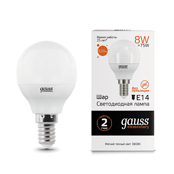 Лампа светодиодная LED-ШАР 8Вт E14 3000K 520Лм Elementary GAUSS  – купить лампы всех видов оптом и в розницу  Лампа светодиодная LED-ШАР 8Вт E14 3000K 520Лм Elementary GAUSS во Владивостоке