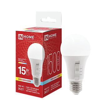 Лампа светодиодная LED-A60-VC 15Вт 230В Е27 1500Лм 3ССТ 3000/4000/6500К с переключателем на лампе IN HOME во Владивостоке