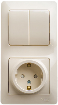 Выключатель двухклавишный с розеткой Glossa SE с заземлением со шторками бежевый во Владивостоке