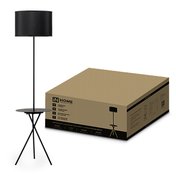 Светильник напольный под лампу ТНО 04П-Е27-BB 230В полка, черный абажур, черная тренога IN HOME  – купить кабель и провод оптом и в розницу  Светильник напольный под лампу ТНО 04П-Е27-BB 230В полка, черный абажур, черная тренога IN HOME во Владивостоке