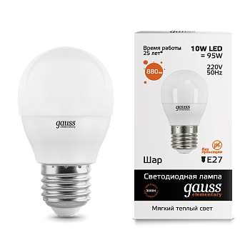 Лампа светодиодная LED-ШАР 10Вт E27 3000K 880Лм Elementary GAUSS  – купить лампы всех видов оптом и в розницу  Лампа светодиодная LED-ШАР 10Вт E27 3000K 880Лм Elementary GAUSS во Владивостоке
