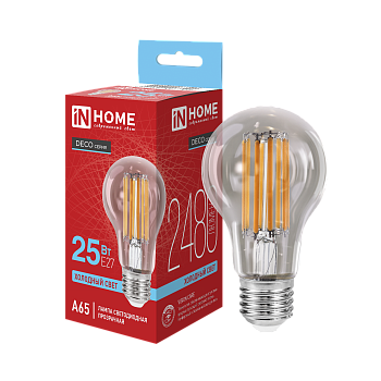 Лампа светодиодная LED-A65-deco 25Вт 230В Е27 6500К 2480Лм прозрачная IN HOME  – купить лампы всех видов оптом и в розницу  Лампа светодиодная LED-A65-deco 25Вт 230В Е27 6500К 2480Лм прозрачная IN HOME в Владивостоке