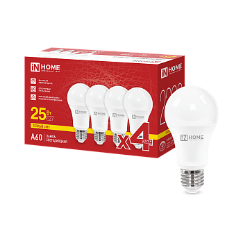Лампа светодиодная LED-A60-VC 4PACK 25Вт 230В Е27 3000К 2380Лм (4шт./упак) IN HOME во Владивостоке