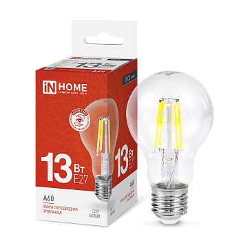 Лампа светодиодная LED-A60-deco 13Вт 230В Е27 4000К 1370Лм прозрачная IN HOME во Владивостоке