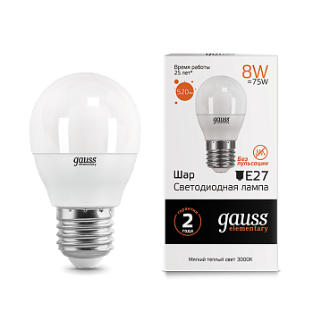 Лампа светодиодная LED-ШАР 8Вт E27 3000K 520Лм Elementary GAUSS  – купить лампы всех видов оптом и в розницу  Лампа светодиодная LED-ШАР 8Вт E27 3000K 520Лм Elementary GAUSS во Владивостоке