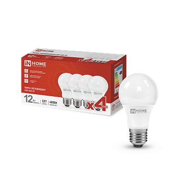 Лампа светодиодная LED-A60-VC 4PACK 12Вт 230В Е27 4000К 1140Лм (4шт./упак) IN HOME во Владивостоке